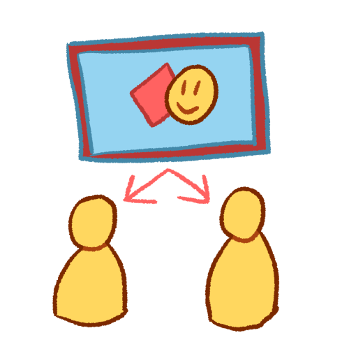 A digitally drawn image showing a screen with a smiley face and a pink box on it. Below the screen are two pink arrows, each pointing to a plain emoji yellow person.